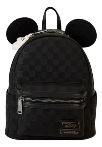 Loungefly Mini Mochila Negra Cuero Vegano Ajedrez Mickey Mouse Negro Geométrico