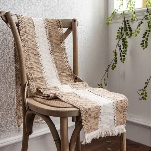 Camino De Mesa De Macramé Y Arpillera  - A Pedido Marrón Rayas Centrales Y Tejido Macramé 3