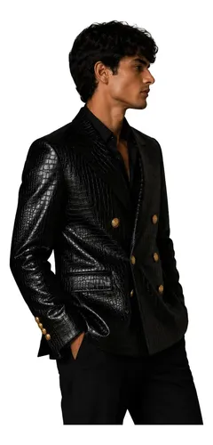 Blazer De Cuero Negro Hombre Estampado Cocodrilo - A Pedido Negro Estampado Cocodrilo 38 2