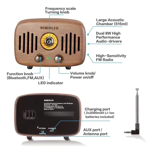 Parlante Simolio Retro Wood Radio Bluetooth - A Pedido Marrón 3