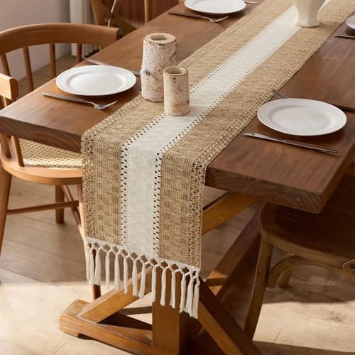Camino De Mesa De Macramé Y Arpillera  - A Pedido Marrón Rayas Centrales Y Tejido Macramé