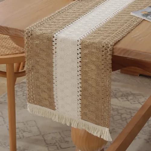 Camino De Mesa De Macramé Y Arpillera  - A Pedido Marrón Rayas Centrales Y Tejido Macramé 5