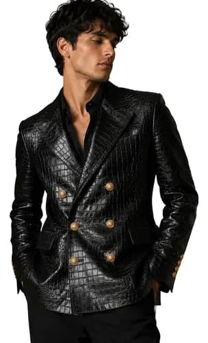 Blazer De Cuero Negro Hombre Estampado Cocodrilo - A Pedido Negro Estampado Cocodrilo 38