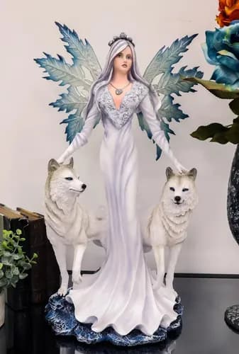 Estatua Fairy With Two Snow Wolves - A Pedido_exakrg Blanco 3