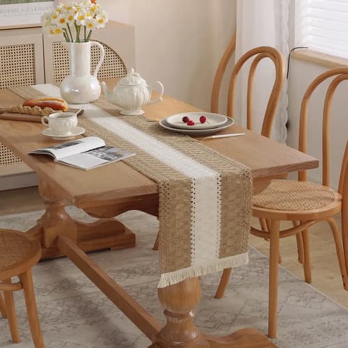 Camino De Mesa De Macramé Y Arpillera  - A Pedido Marrón Rayas Centrales Y Tejido Macramé 4
