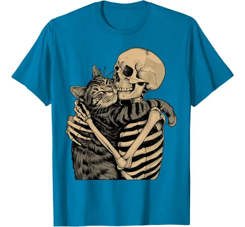 Remera Skeleton Hugging Cat - A Pedido_exkarg Azul S