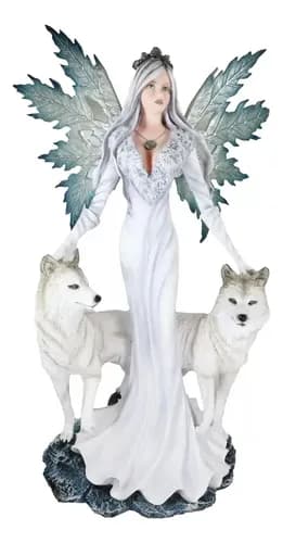 Estatua Fairy With Two Snow Wolves - A Pedido_exakrg Blanco 4