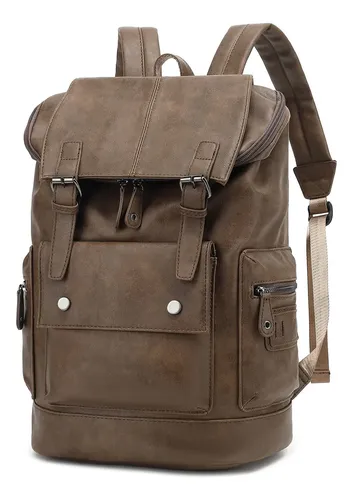 Mochila Caqui De Piel Sintética Para Laptop Y Viajes Marrón Liso